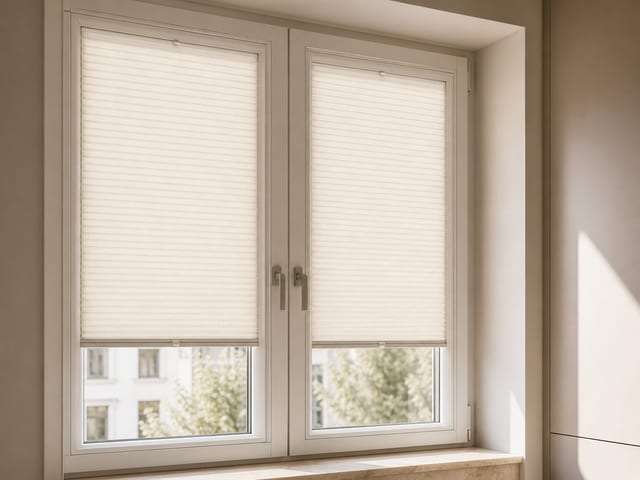 Precision-fitted pleated shades mounted inside narrow white tilt and turn window frames