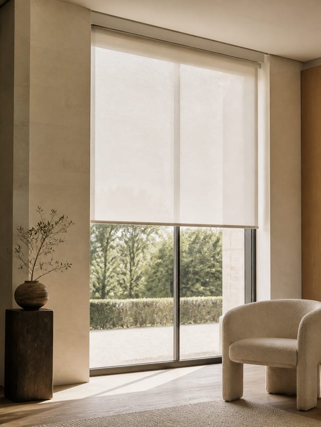 Warm white solar roller shade filtering daylight in a refined contemporary interior
