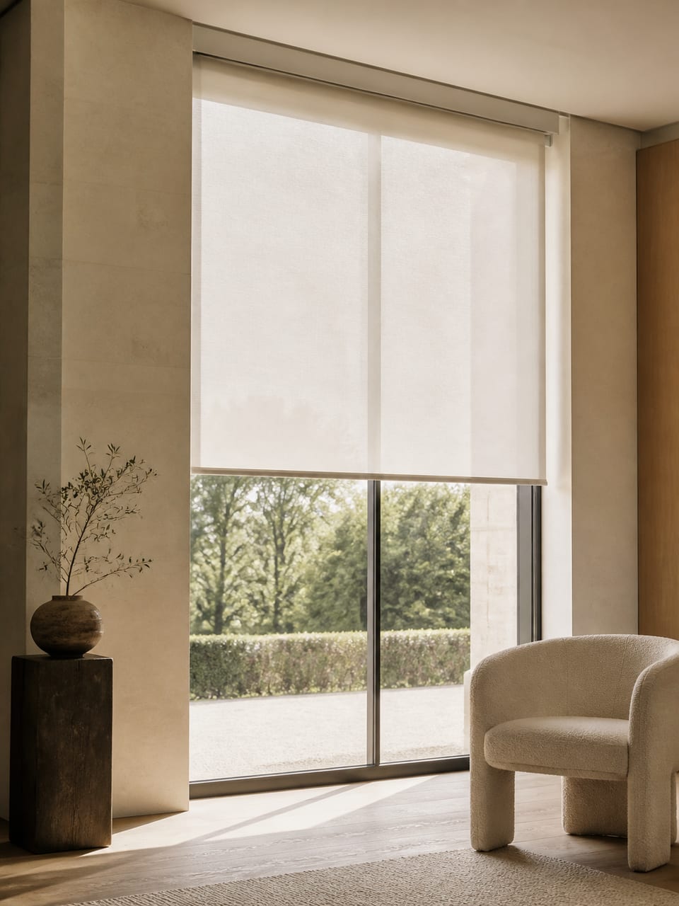 Clean minimal roller shade filtering daylight in a modern European interior