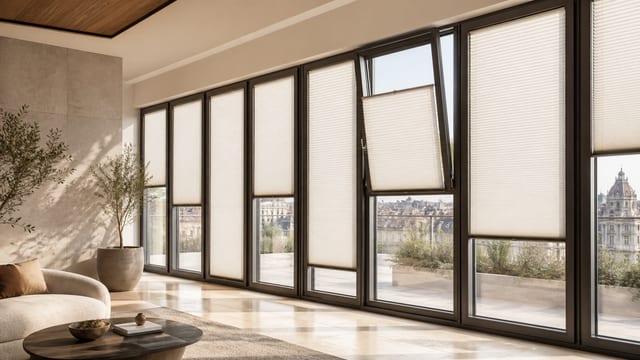 Bespoke pleated shades across a wall of charcoal European tilt and turn windows