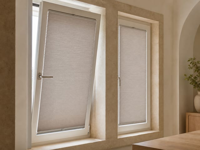 Taupe pleated shade mounted to a European tilt and turn sash shown in the tilted position