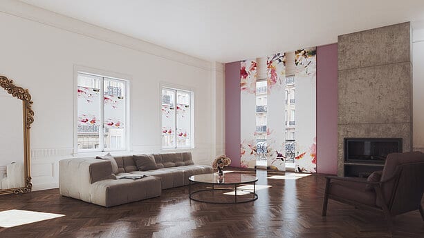 Blossom design from the MHZ Design Collection shown on floral panel curtains and roller blinds