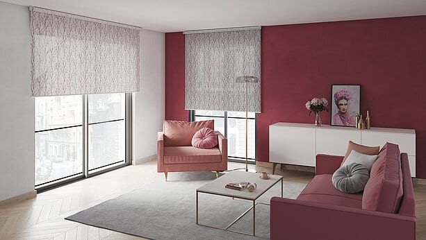 Semi-transparent roller blinds from the MHZ Discover Style collection in the Ivy pattern