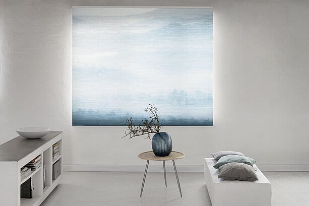 Honeycomb blinds from the MHZ collection with the Landscape 6655 motif in a minimal room