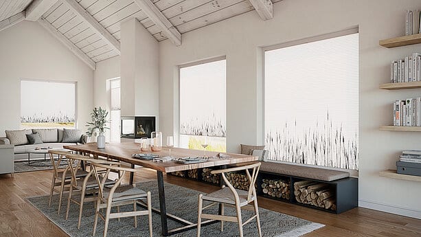 MHZ honeycomb blinds in the Seagrass 6842 design across a bright dining area