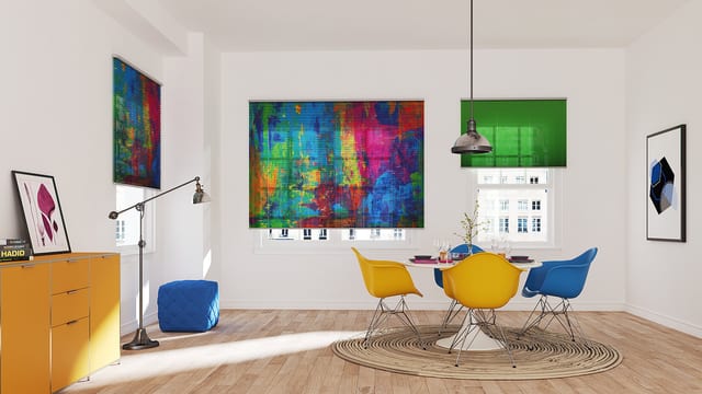 Dining room with abstract multicolored Pollock pleated blinds from the MHZ pleated collection