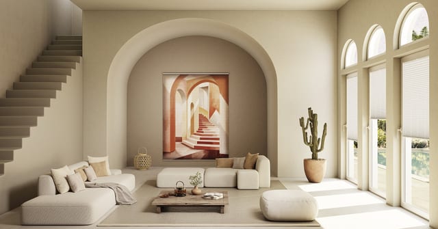 Pleated blinds from the MHZ collection in the Stella Stairway design on large windows