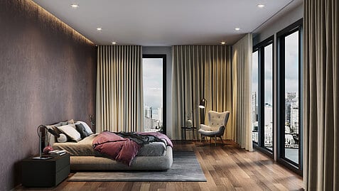 Bedroom curtains from the MHZ Textiles collection on tall windows