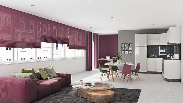 Roman blinds from the MHZ Textiles collection in an open-plan interior