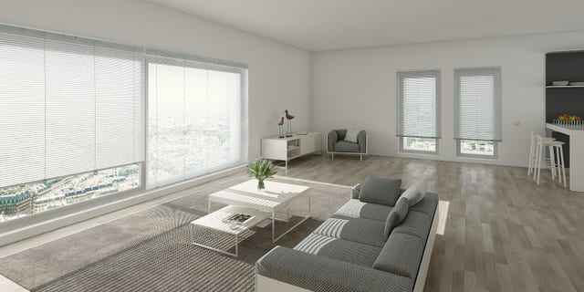 Living room with grey venetian blinds from the MHZ venetian blinds collection