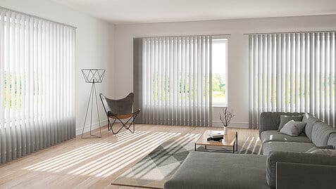 Grey vertical blinds from the MHZ vertical blinds collection in a living room